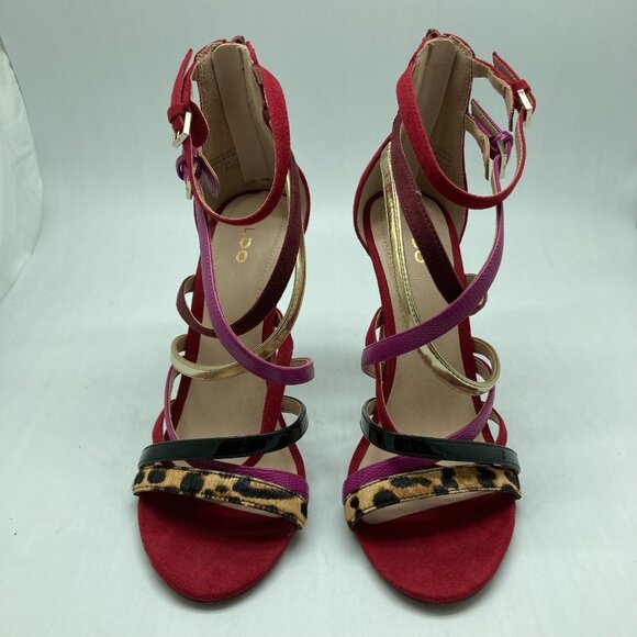 Aldo Women Strappy Back Zip Stiletto Multicolor Reds/Cheetah Leather - Picture 2 of 9